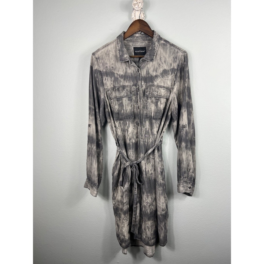 Velvet Heart Gray Chambray Shirt Dress Long Sleeve Tab Roll Tie Waist Belt L